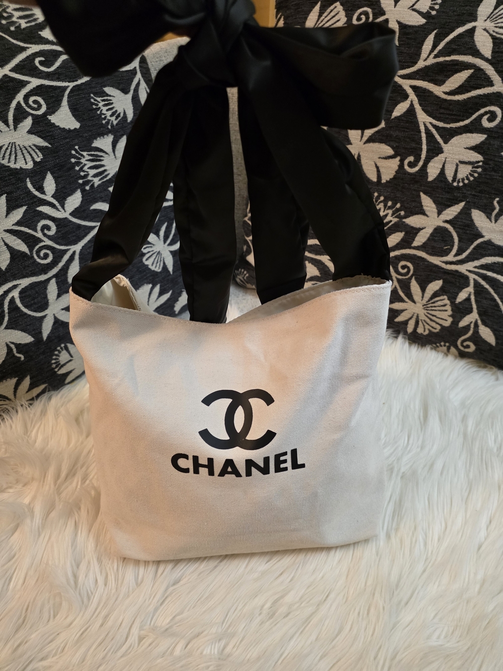 Cream Canvas Tote with Black Ribbon Handles